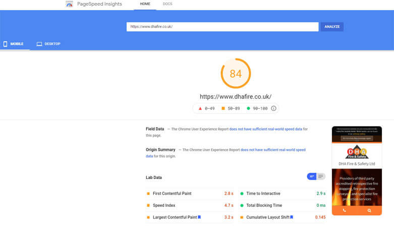 Google Page Speed Score for DHA FIre mobile