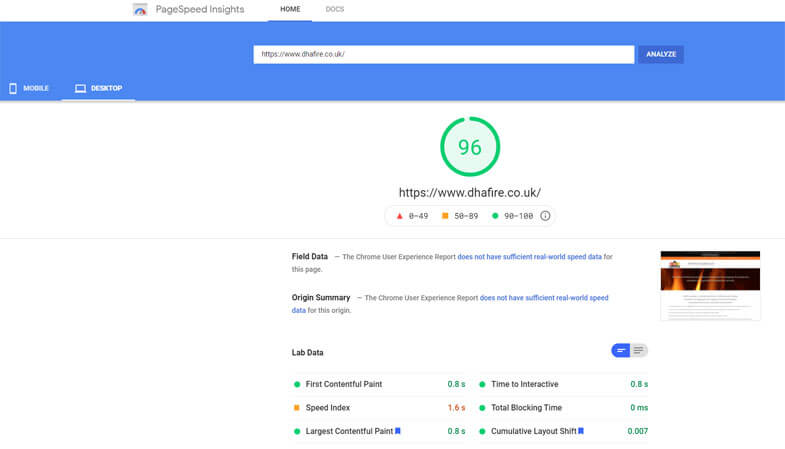 Google Page Speed Score for DHA FIre desktop
